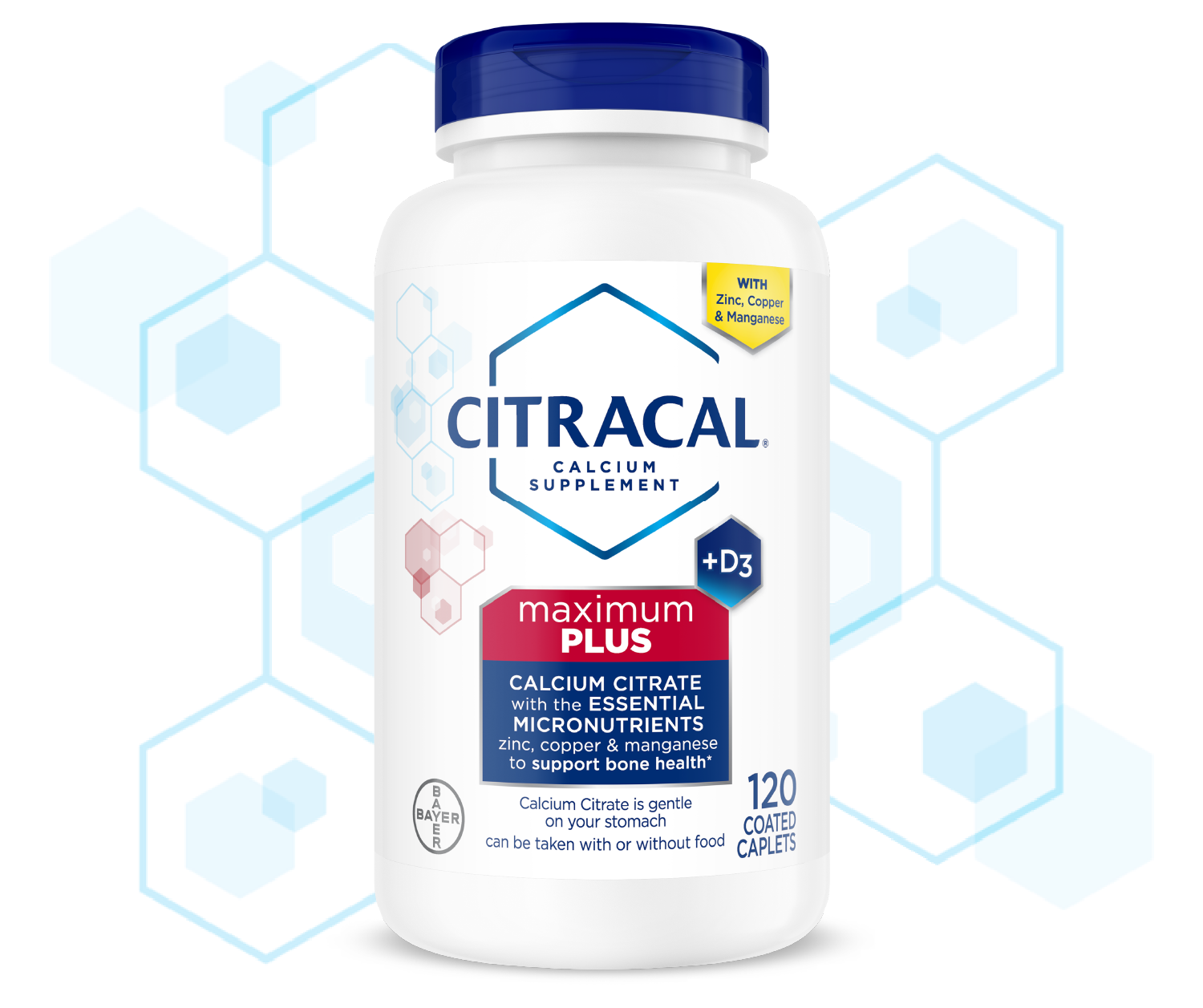 Bottle of Citracal® Maximum Plus, easily absorbed calcium supplement along with micronutrients to support bone health. 