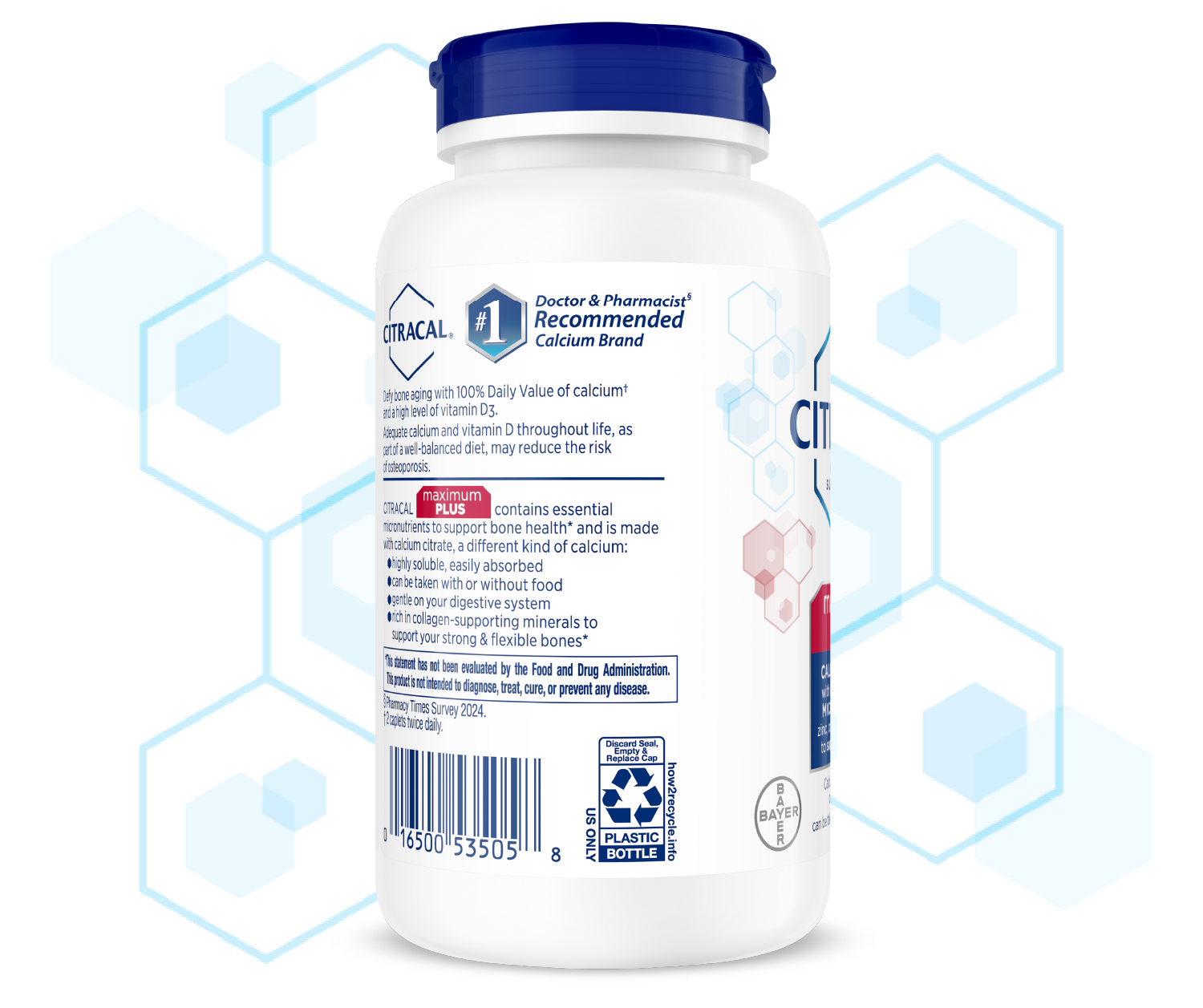 Side label of Citracal® Maximum Plus bottle with product details. 