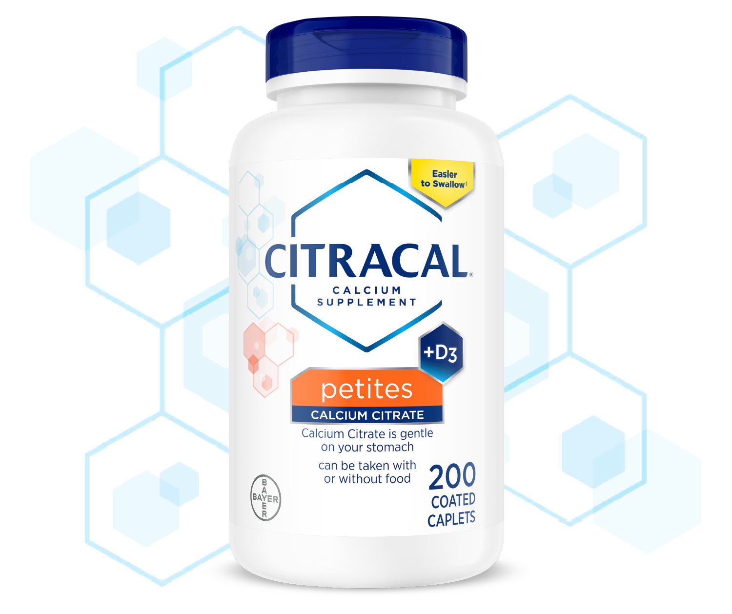 Bottle of Citracal® Petites that provides calcium and vitaminD3 in a form of smaller, easy to swallow caplets.