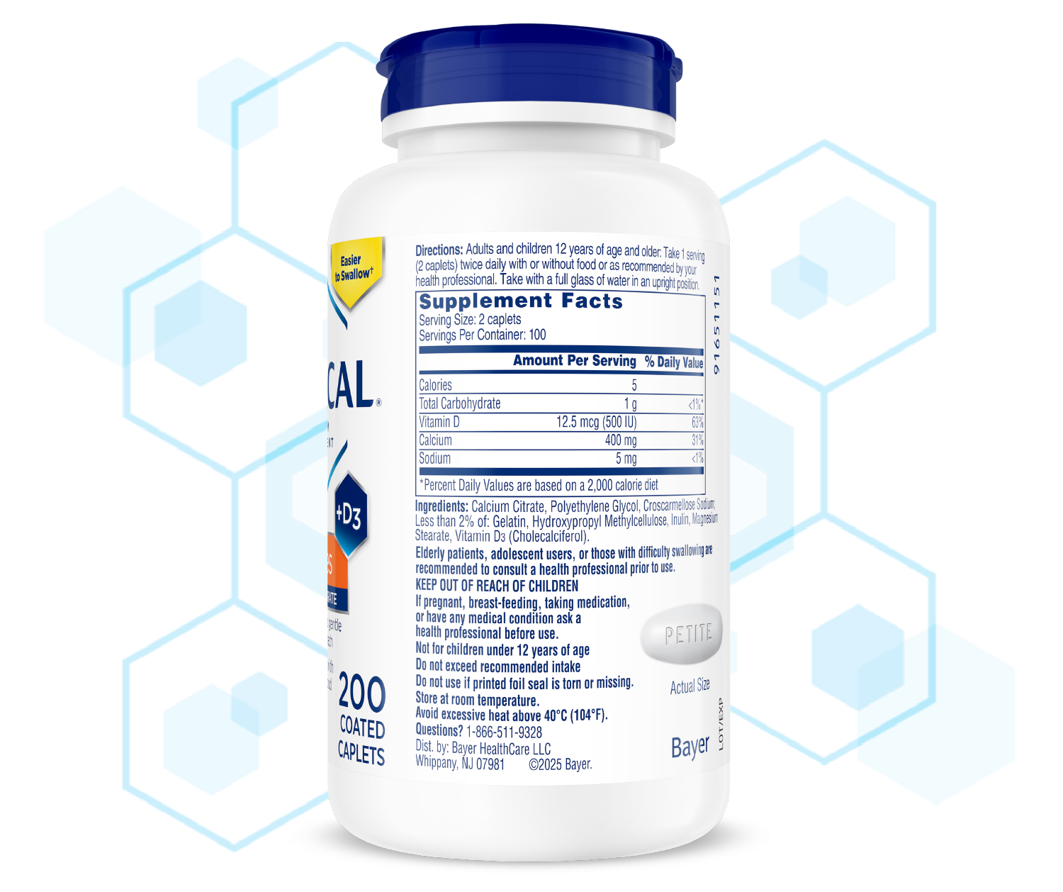 Label side of Citracal® Petites bottle with nutritional information.