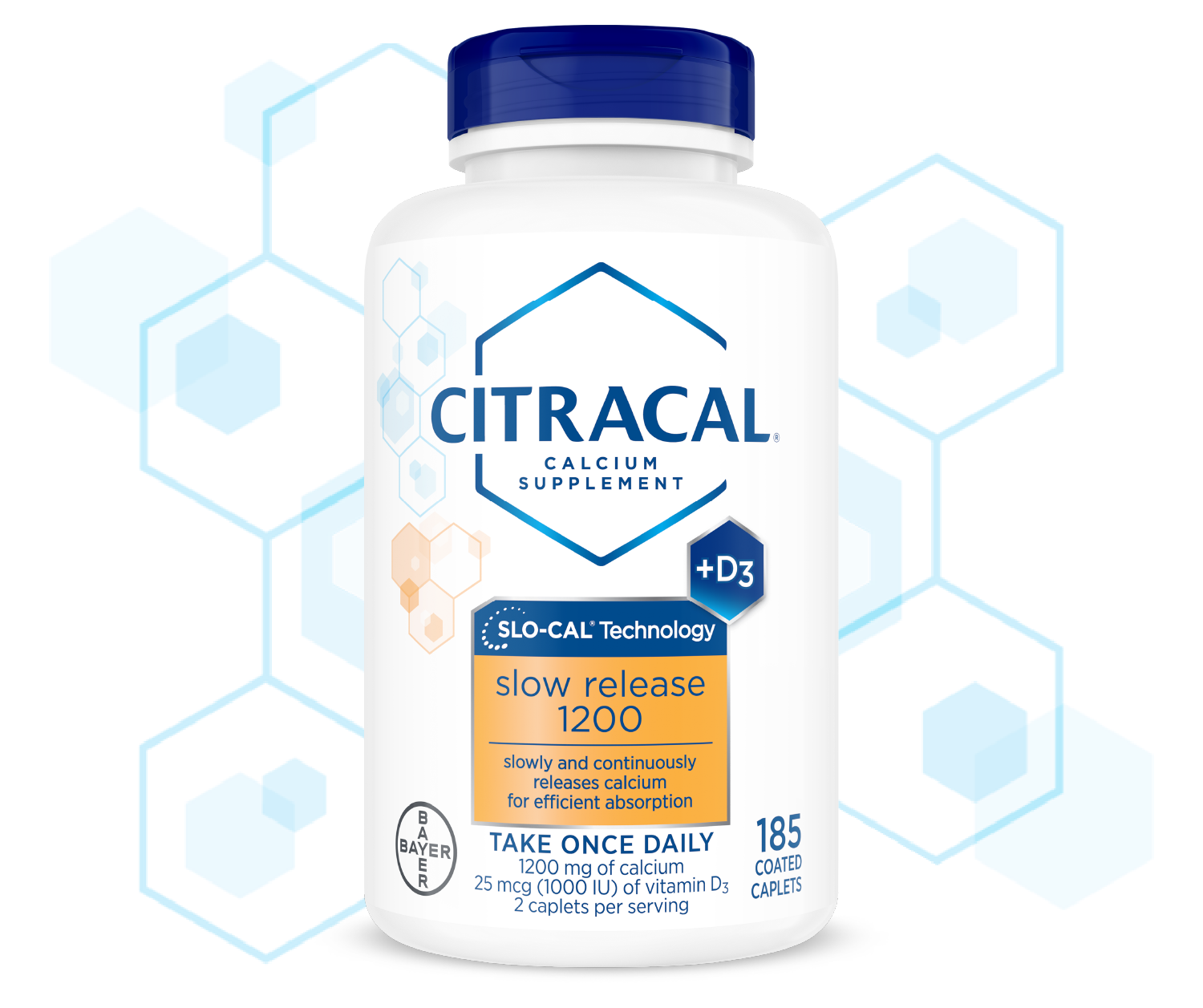 Bottle of of Citracal® Slow Release 1200 that releases small amounts of calcium plus Vitamin D3 for efficient absorption.